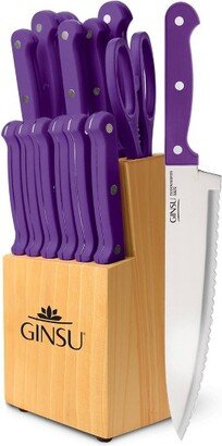 Kiso Dishwasher Safe 14pc Knife Block Set Natural with Purple Handles