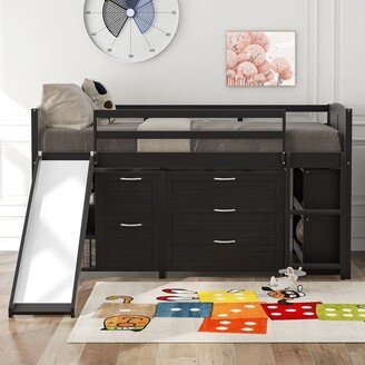 EDWINRAY Twin Size Low Loft Bed with Cabinets, Shelves and Slide, Espresso