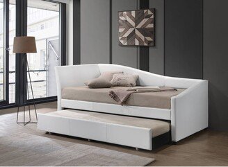 GEROJO White PU Fully Padded Daybed with Roll-Out Trundle, Sloped Shape, Wooden Square Leg, Perfect for Romance in Your Home, Twin