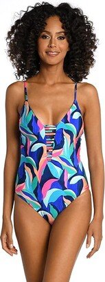 Painted Leaves Plunge Mio (Multi) Women's Swimsuits One Piece