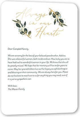 Sympathy Cards: Lambent Laurel Sympathy, White, Gold Foil, 5X7, Matte, Personalized Foil Cardstock, Rounded