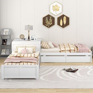 Tiramisubest L-shaped Platform Bed with Twin Trundle Linked with built-in Flip Table