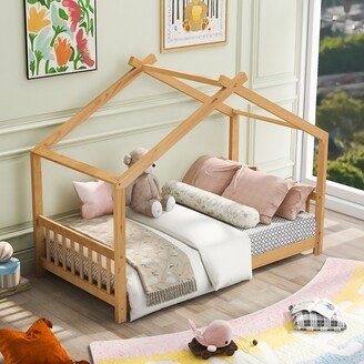 EDWINRAY Twin Size House Platform Bed with Headboard & Footboard, Wood Low Bedframe with Roof for Kids Bedroom, No Box Spring Needed