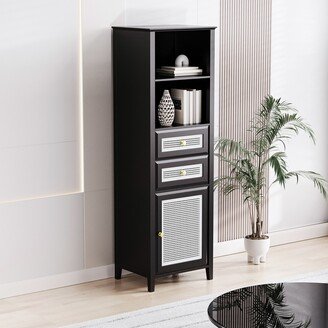 Aoolive Boho Style Slim Tall Cabinet with Rattan Door, Freestanding Tower Cabinet with 2 Drawers and Open Storage Shelves