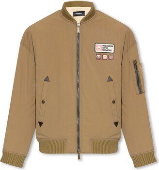 Logo Patch Long-Sleeved Zipped Bomber Jacket