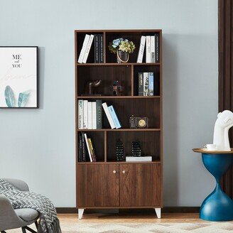 IGEMAN 68''H Wood Bookcase Bookshelf with 2 Doors / 7 Open Storage Compartments / Adjustable Metal Legs for Stable, Walnut