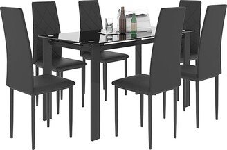 EDWINRAY 7 Piece Dining Table Set, Glass Top Table with 6 Faux Leather Chairs, Black