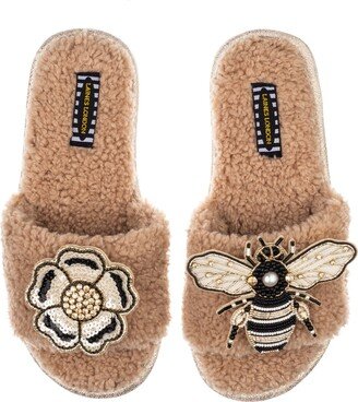 Laines London Teddy Towelling Slipper Sliders With Bee & Flower Brooches - Toffee