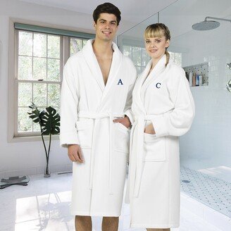 Authentic Hotel and Spa White Unisex Turkish Cotton Waffle Weave Terry Bath Robe with Navy Block Monogram