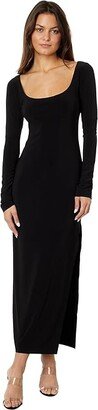 Long Sleeve Deep Scoop Neck Side Slit Gown (Black) Women's Dress