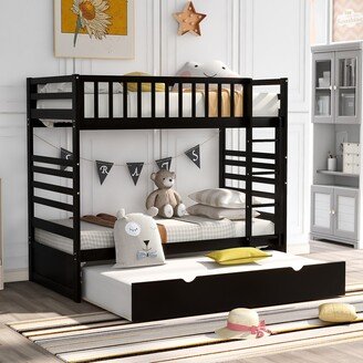 EDWINRAY Twin Size Wooden Bunk Beds,Trundle bed for Kids with Safety Rail and 4 Wheels