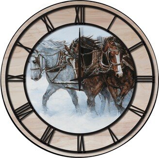 House & Homebody Co. Wall Clock with Natural Woodgrain Accent - Winter Wind Horses - Black Numbers - 24