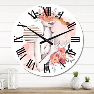 Designart 'Woman Silhouette With Red And Purple Flowers IV' Glam wall clock