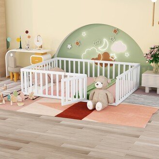 Calnod Queen Size Solid Wood Floor Bed with Fence and Door - Designed for Toddlers, Kids & Babies
