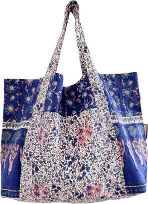 Large Beach Bag In Navy/pink Print