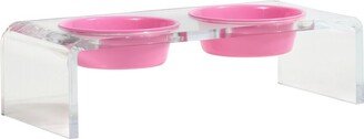 Hiddin Small Clear Double Bowl Pet Feeder With Pink Bowls