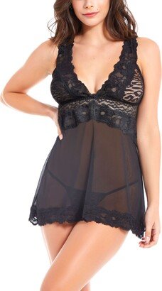 Animal Mesh & Floral Lace Babydoll 2pc Lingerie Set, Online Only