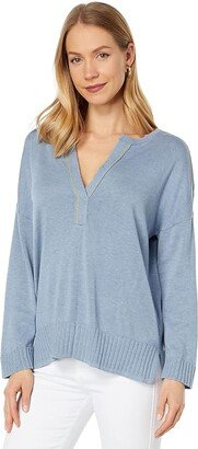 3/4 Sleeve Split-Neck Sweater (Marlin) Women's Clothing