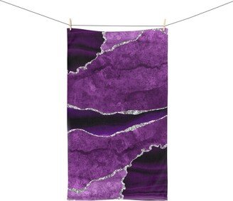 Hand Towel, Deep Purple, Lilac Violet, Gray Silver Marble Agate Quartz Fancy Luxury, Watercolor Print, Kitchen, Bathroom Spa Gym Towel