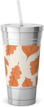 Travel Mugs: Autumn Leaves - Orange On Cream Stainless Tumbler With Straw, 18Oz, Orange