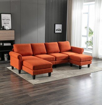 IGEMANINC U-shape Sectional Sofa 4 Seater Polyester Sofa Lounge Chaise Couch with Ottoman-AB