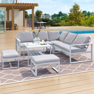 Calnod 4-Pieces Outdoor Patio Garden Furniture Set for 6, Steel Structure Sofa Set with 2 Love Sofas, 1 Single Sofa, 1 Table & 2 Benchs