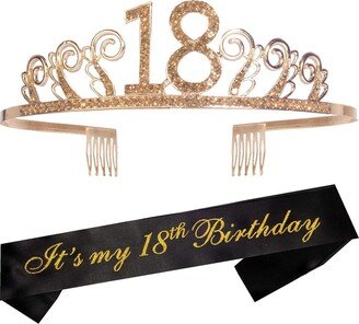 Meant2tobe 18th Birthday Sash and Tiara for Women - Fabulous Set: Glitter Sash + Waves Rhinestone Premium Metal Tiara, 18th Birthday Gifts for Women Party