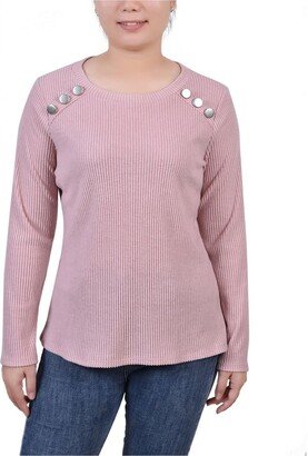 Petites Womens Ribbed Button Detail Pullover Top