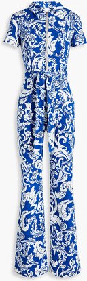 Gorgeous belted printed denim wide-leg jumpsuit