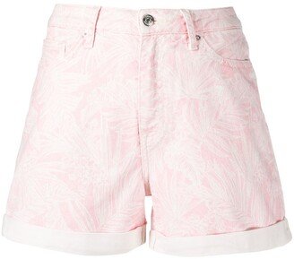 Botanical-Print Denim Shorts