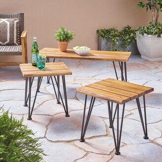 Zion Outdoor Industrial Acacia Wood Coffee Table with 2 Matching Accent Tables