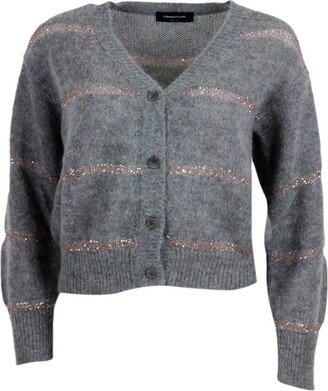 Cardigan Sweater With V-neck And Alpaca Button Closure Embellished With A Striped Pattern With Applied Microsequins