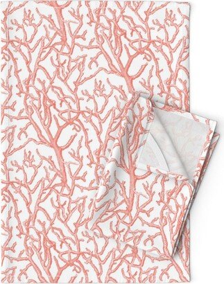 Coastal Tea Towels | Set Of 2 - Coral Branches Pink & White By Creativehorizons Nautical Summer Linen Cotton Spoonflower