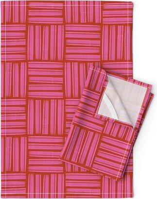 Geometric Checks Tea Towels | Set Of 2 - Crosshatch Checker Plate By Booboo Collective Pink Red Linen Cotton Spoonflower