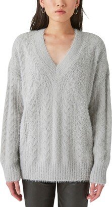 Women's Cable-Knit V-Neck Eyelash Sweater