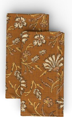 Cloth Napkins: Kalami Floral - Mustard Cloth Napkin, Longleaf Sateen Grand, Orange