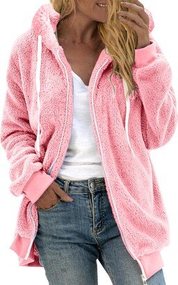 Generic Women's Plus Size Solid Color Sweatershirt Hooded Pullover Warm Wool Plush Coat Zipper Top Zip up (Pink-1
