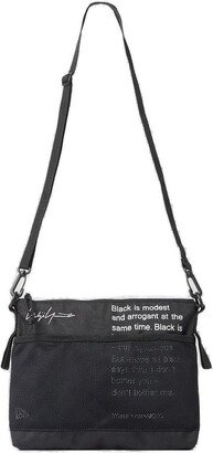 Slogan-Printed Zipped Mesh Shoulder Bag