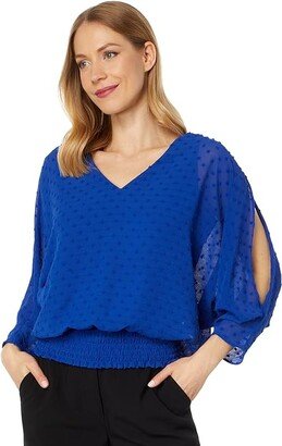 V-Neck Smocked Waist Blouse with Shirring (Opulent Blue) Women's Clothing