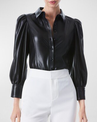 Nadine Puff-Sleeve Vegan Leather Blouse