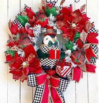 Elegant Penguin Christmas Black & Red Wreath With Presents Bling