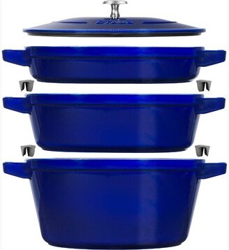 Cast Iron Set 4-pc, Stackable Space-Saving Cookware Set, Dutch Oven with Universal Lid, Made in France, Dark Blue