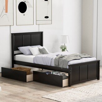 AOOLIVE Wooden Twin Size Platform Bed with Two Drawers,Espresso