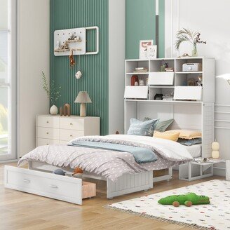 Aoolive Queen Size Murphy Platform Bed with Bookcase, Bedside Shelves and a Big Drawer, Wood Mobile Murphy Chest Bed Cube Cabinet Bed