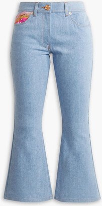 Cropped printed twill-paneled mid-rise flared jeans