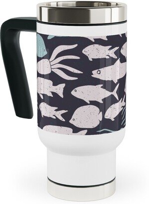Travel Mugs: Fish School In Gray Aqua Dark Background Travel Mug With Handle, 17Oz, Blue