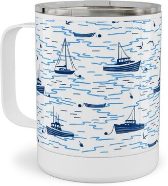Travel Mugs: Harbor Boats - White Stainless Steel Mug, 10Oz, Blue