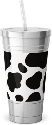 Travel Mugs: Cow Spots Pattern - Black On White Stainless Tumbler With Straw, 18Oz, Black