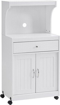 Home Source White Microwave Cart with Double Door Cabinet, 1 Drawer, and Top Shelf