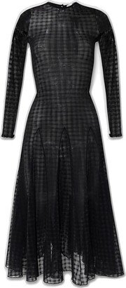 Checked Semi-Sheer Long-Sleeved Midi Dress